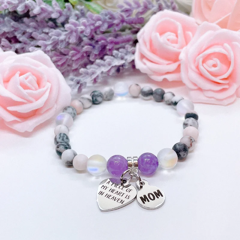 silver bracelet with charm for good fortune and luck-Mom: A Piece of my Heart is in Heaven Heart Companion Charm Bracelet Amethyst