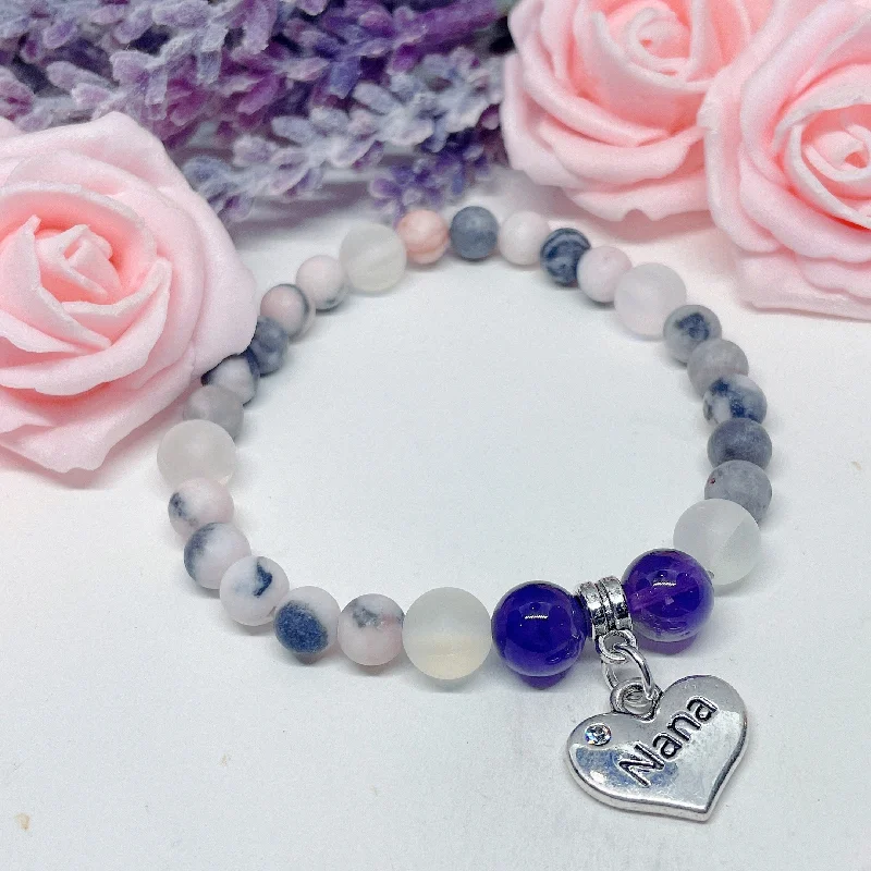 custom silver bracelet with family crest for family gift-Nana Heart Companion Charm Bracelet Amethyst