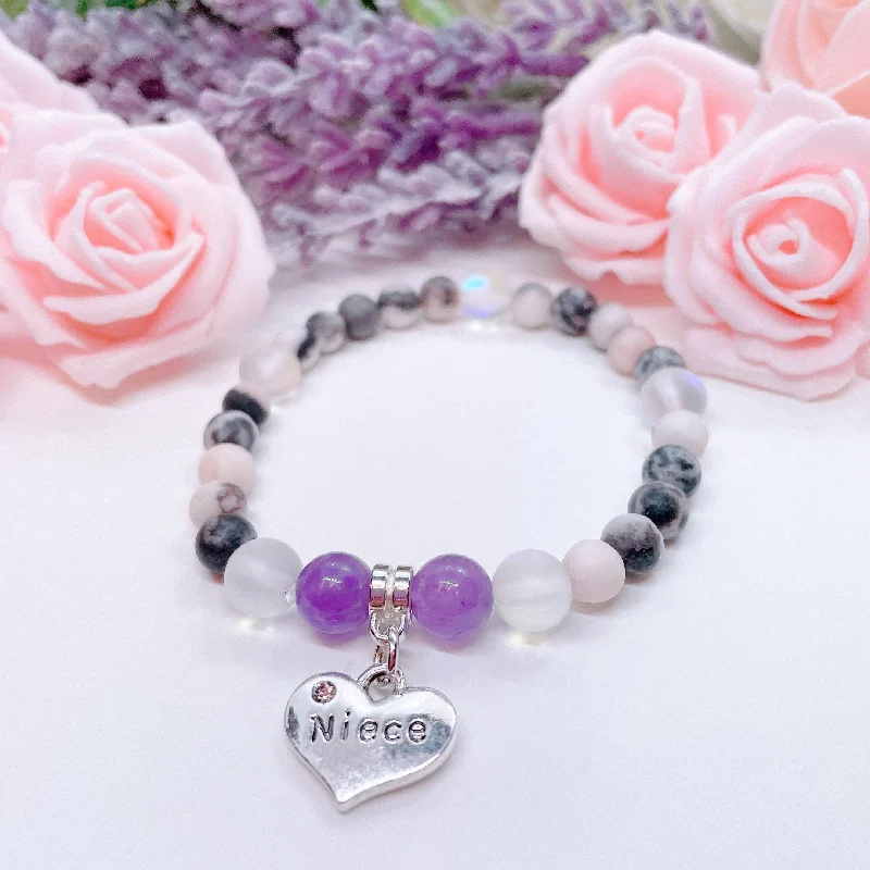 custom charm bracelet for men with family initials-Niece Heart Companion Charm Bracelet Amethyst