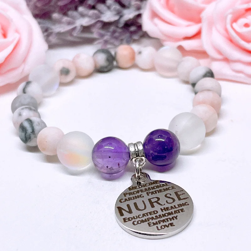 silver bracelet with celestial symbols for spiritual growth-Nurse Sentiments Classic Charm Bracelet Amethyst