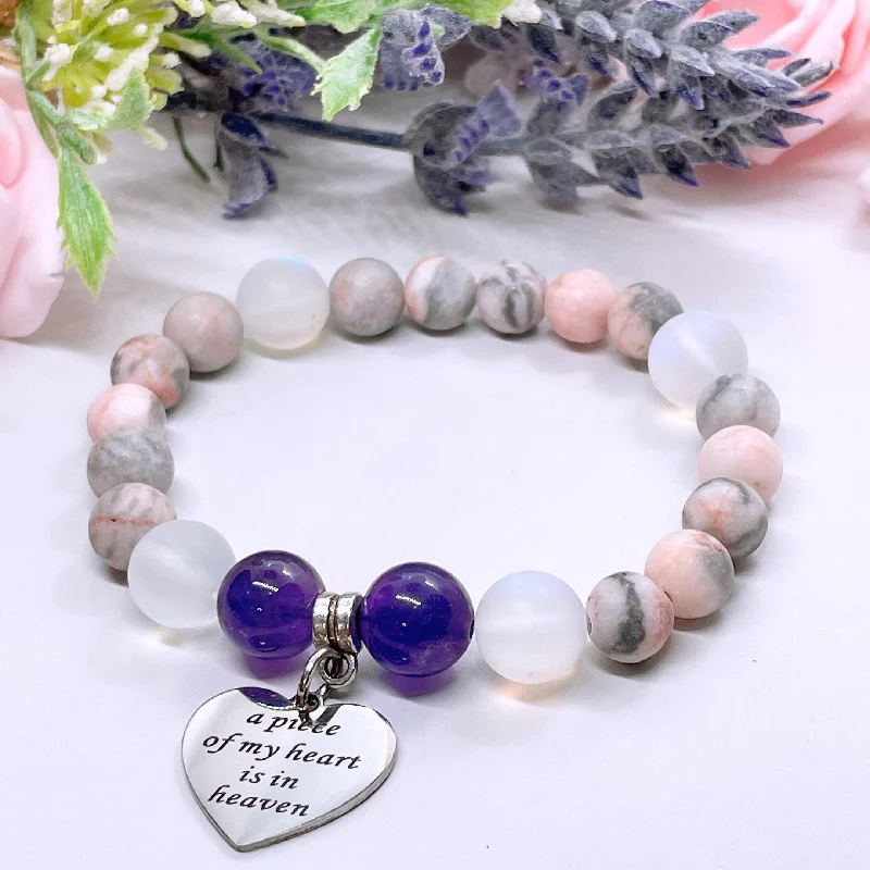 silver bracelet with charm for good fortune and luck-A Piece of my Heart is in Heaven Classic Charm Bracelet Amethyst