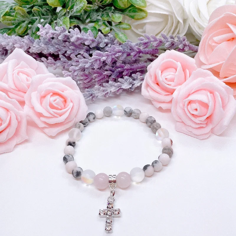 custom silver bracelet with coordinates for unforgettable memories-Rhinestone Cross Companion Charm Bracelet Rose Quartz