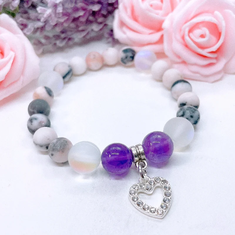 personalized bracelet with family initials for sentimental gift-Rhinestone Heart Classic Charm Bracelet Amethyst