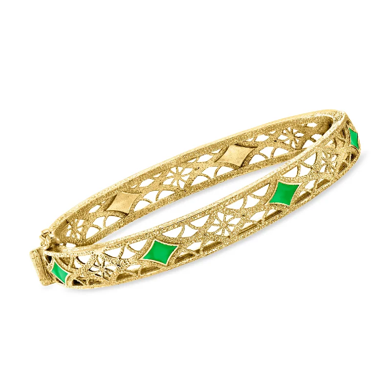 silver bracelet with engraved coordinates for wedding anniversary-Ross-Simons Green Enamel Filigree Bangle Bracelet in 18kt Gold Over Sterling