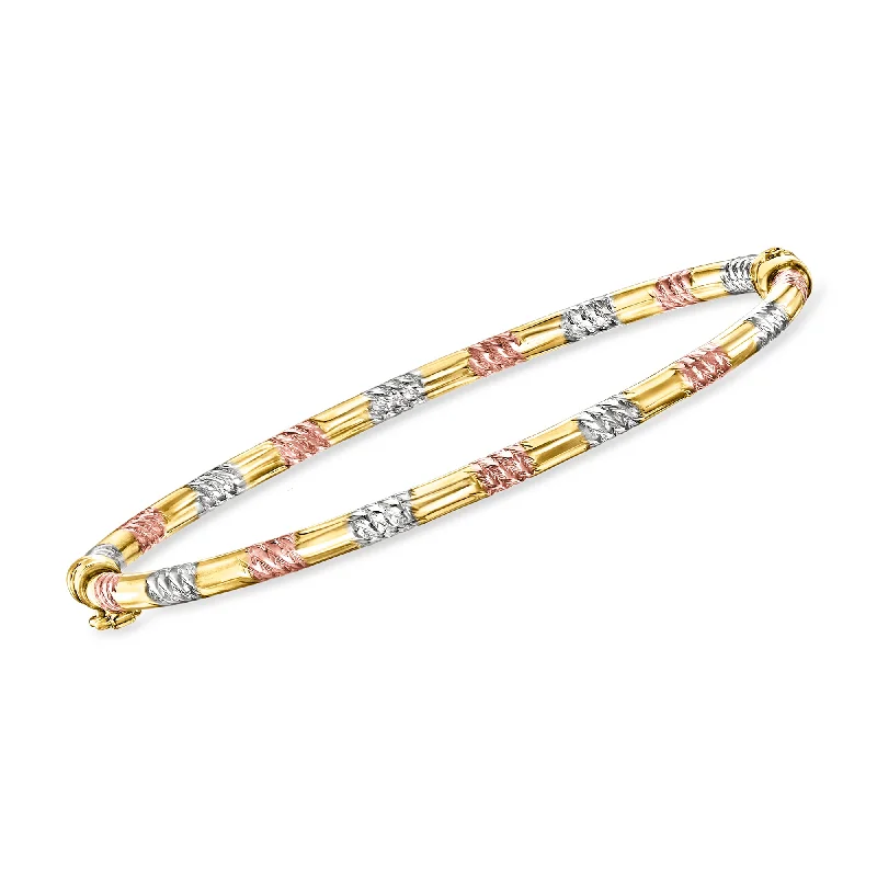 silver bracelet with charm for good fortune and luck-Ross-Simons Italian 18kt Tri-Colored Gold Bangle Bracelet