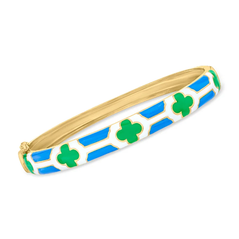 custom bracelet with inspirational charms for personal empowerment-Ross-Simons Multicolored Enamel Clover Bangle Bracelet in 18kt Gold Over Sterling