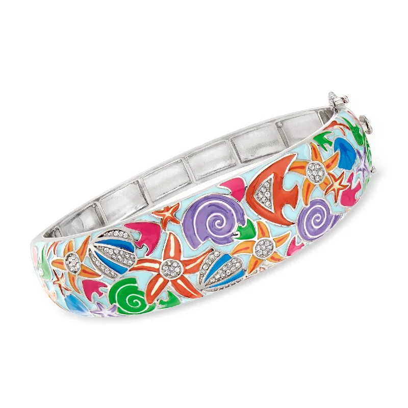 personalized silver bracelet with spiritual charm for peace-Ross-Simons White Topaz and Multicolored Enamel Sea Life Bangle Bracelet in Sterling Silver