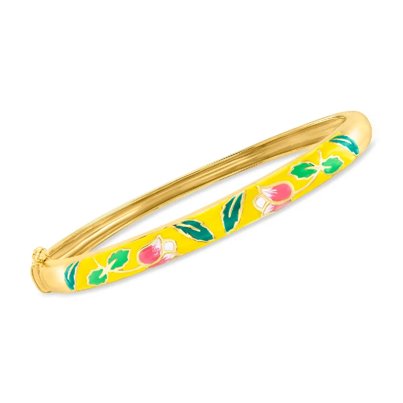 silver bracelet with gemstone beads for protection and healing-Ross-Simons Yellow and Multicolored Enamel Floral Bangle Bracelet in 18kt Gold Over Sterling