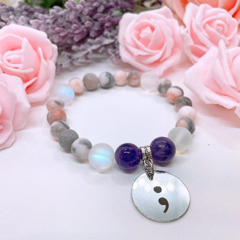 silver bracelet with gemstone beads for strength and energy-Semicolon  Classic Charm Bracelet Bracelet Amethyst