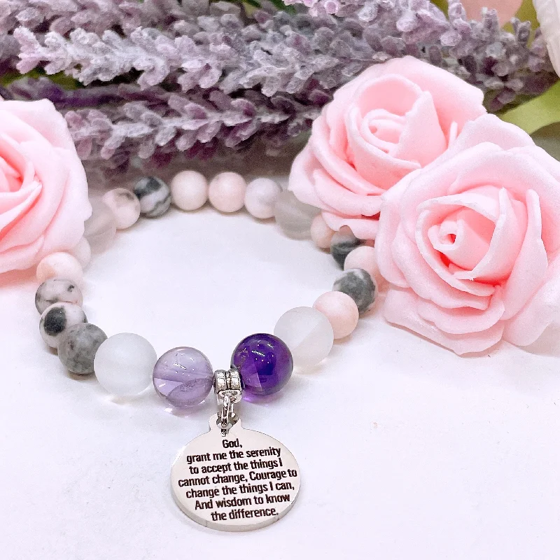 custom bracelet with gemstone beads for protection and safety-Serenity Prayer Classic Charm Bracelet Amethyst