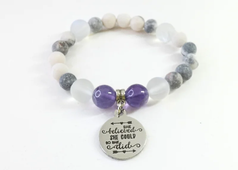 silver bracelet with gemstone beads for love and emotional healing-She Believed She Could So She Did Classic Charm Bracelet Amethyst