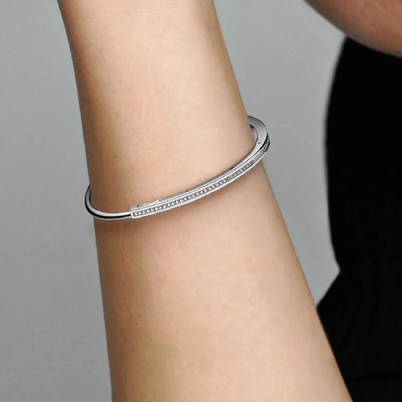 custom bracelet with gemstone beads for spiritual balance-Signature I-D Pavé Bangle In Silver