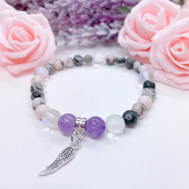 custom charm bracelet for women with spiritual symbols-Angel Wing Companion Charm Bracelet Amethyst