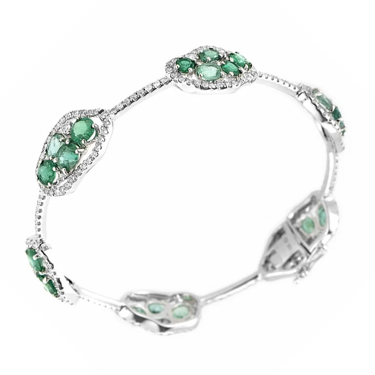 personalized silver bracelet with family birthstones for personal touch-Single Row 18K White Gold Diamond and Emerald Bangle