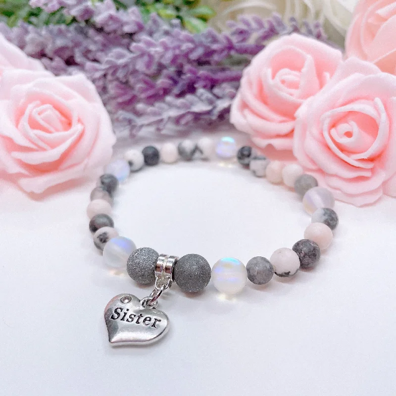 silver bracelet with heart charm for romantic relationship gift-Sister Heart Companion Charm Bracelet Druzy