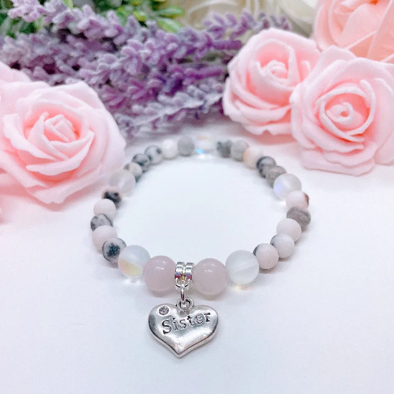 custom bracelet with engraved date for anniversary or wedding-Sister Heart Companion Charm Bracelet Rose Quartz