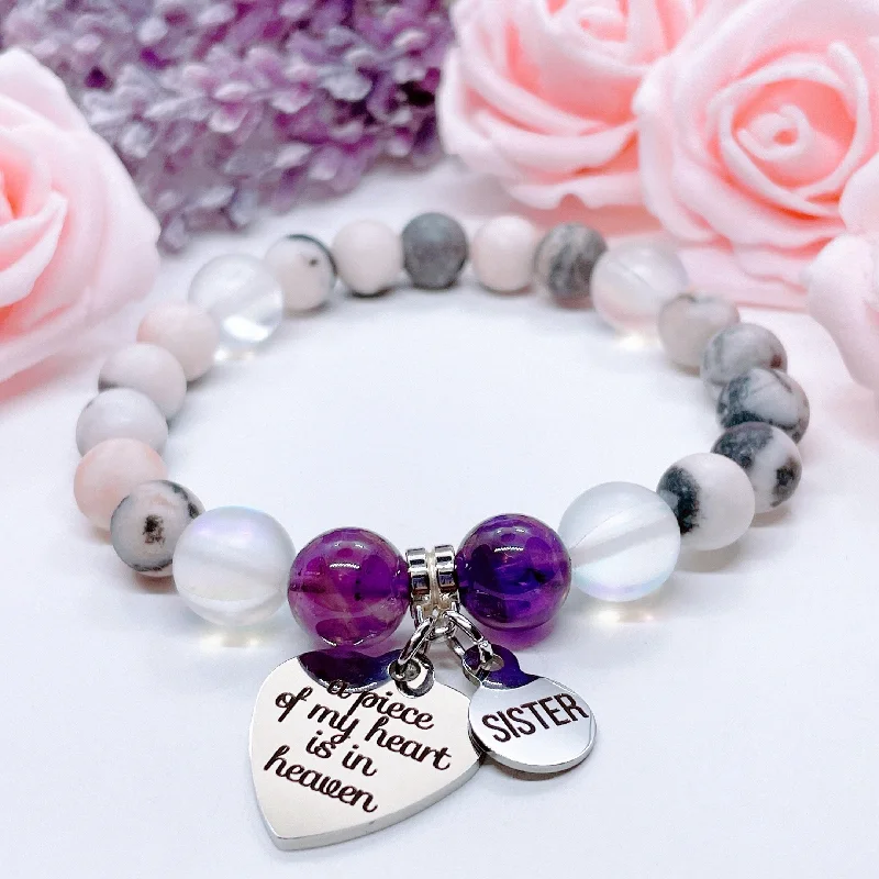 silver bracelet with charm for protection and good health-Sister: A Piece of my Heart is in Heaven Classic Charm Bracelet Amethyst