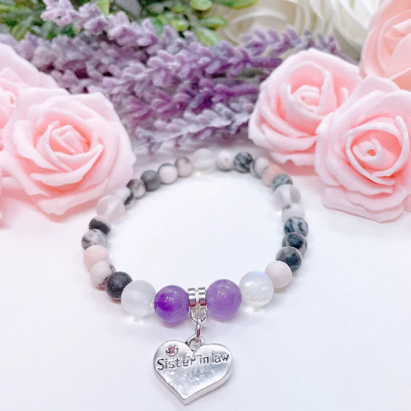 custom charm bracelet for birthday with unique engraving-Sister-In-Law Heart Companion Charm Bracelet Amethyst