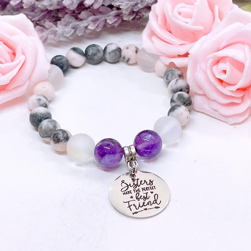 custom bracelet with gemstone for good health and energy-Sisters Make the Perfect Best Friend Classic Charm Bracelet Amethyst