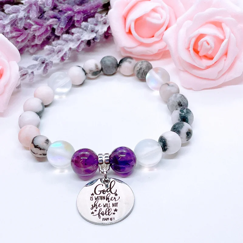 custom silver bracelet for men with inspirational engraving-God Is Within Her She Will Not Fall Classic Charm Bracelet Amethyst