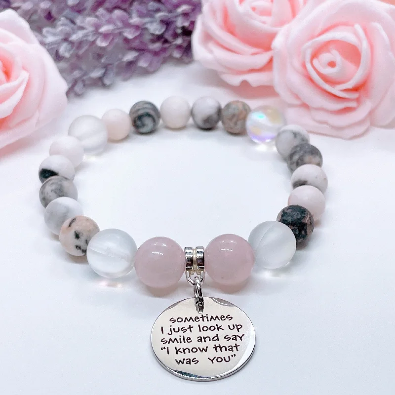 luxury bracelet with custom engraving for meaningful gift-Sometimes I Just Look Up Classic Charm Bracelet Rose Quartz