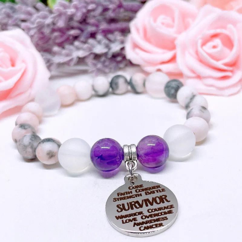 luxury silver bracelet with engraving for milestone celebration-Survivor Sentiments Classic Charm Bracelet Amethyst