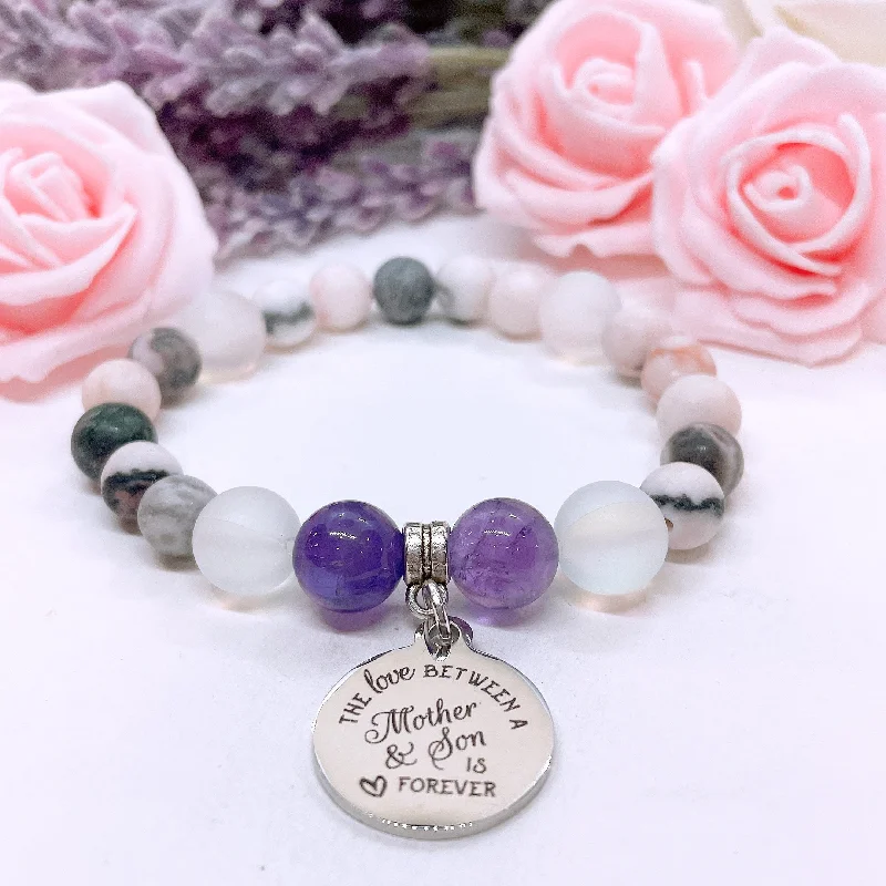 custom gold bracelet with engraving for romantic gift-The Love Between a Mother and her Son is Forever Classic Charm Bracelet Amethyst