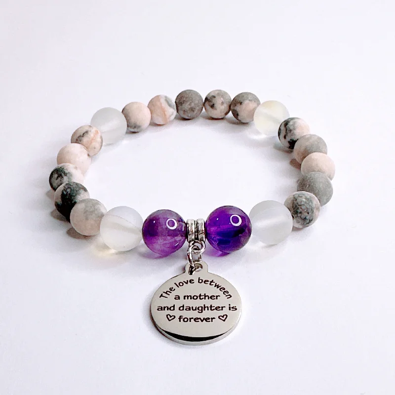 personalized bracelet with engraved quote for family gift-The Love Between a Mother & Daughter Classic Charm Bracelet Amethyst