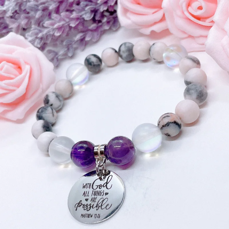 silver bracelet with gemstone for healing and energy flow-With God All Things are Possible Matthew 19:26 Classic Charm Bracelet Amethyst