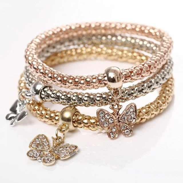 luxury bracelet with engraved coordinates for personalized gift-3 Pcs/Set Heart Charm Crystal Bracelets & Bangles