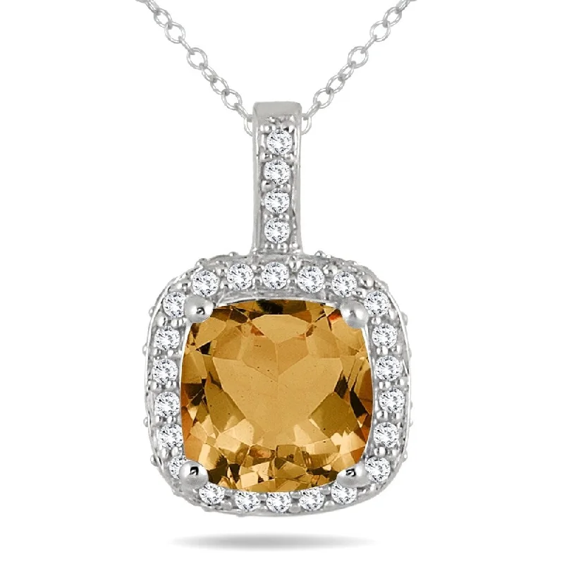 personalized infinity pendant necklace silver -1 1/2 Carat Cushion Citrine and Diamond Halo Pendant in 10K White Gold