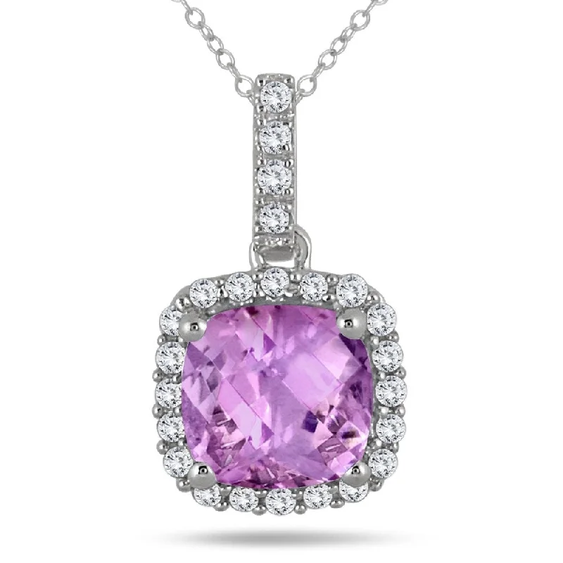 custom pendant necklace with engraved message -1 3/4 Carat Cushion Amethyst and Diamond Halo Pendant in 10K White Gold