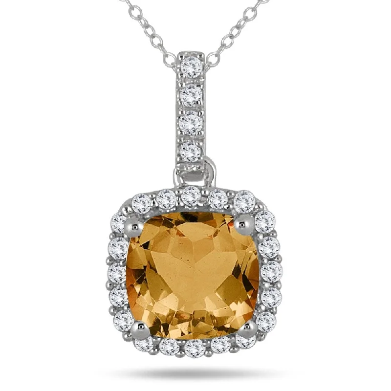 women’s pendant necklace with gemstone for mom -1 3/4 Carat Cushion Citrine and Diamond Halo Pendant in 10K White Gold