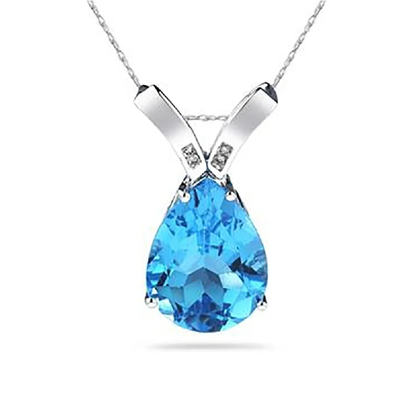 dainty personalized pendant necklace for wedding -10 1/4 Carat Pear Shaped Blue Topaz & Diamond Pendant in 10K White Gold