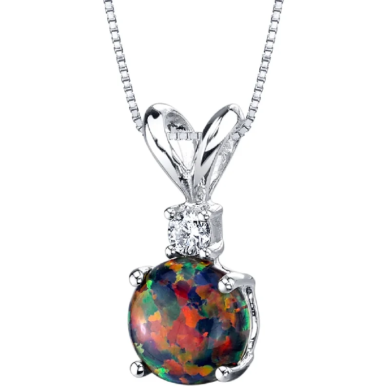 custom silver pendant necklace for wedding anniversary -Black Opal and Diamond Pendant Necklace 14K White Gold 0.50 Carat Round