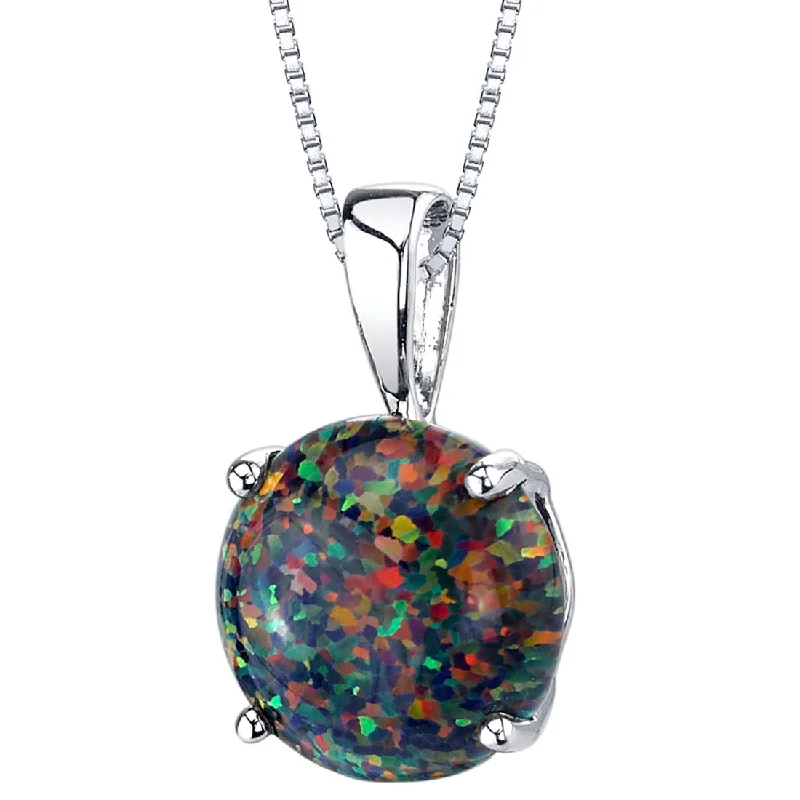 custom pendant necklace for engagement gift -14K White Gold Created Black Opal Solitaire Pendant Necklace Round Shape