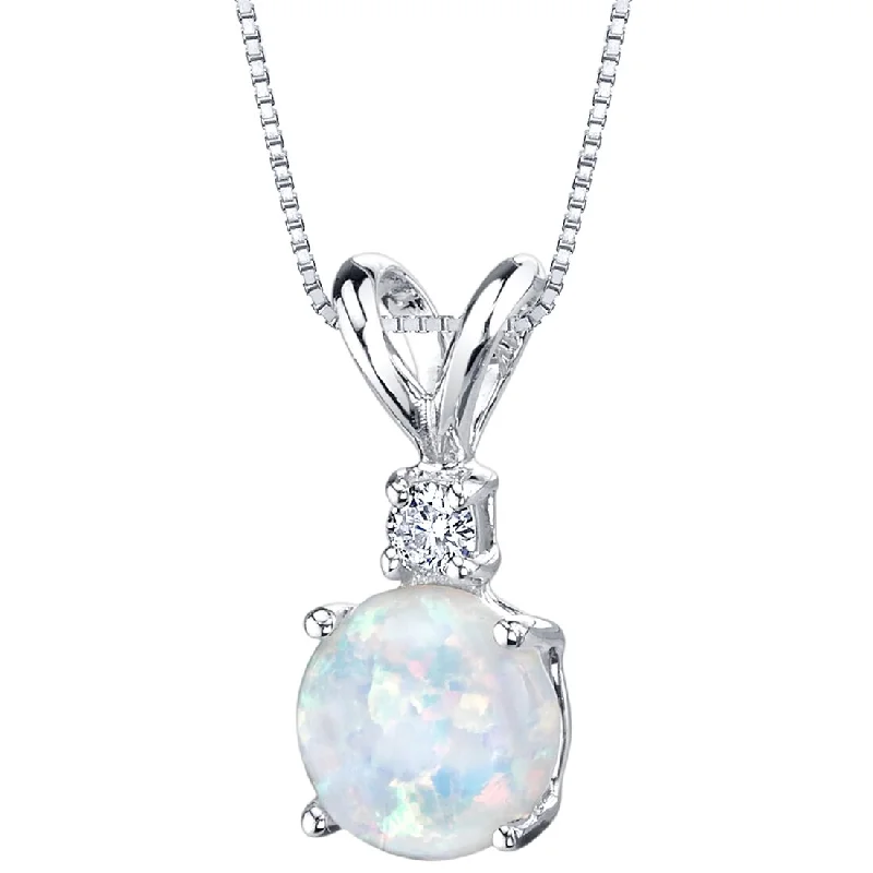 personalized pendant necklace with heart-shaped gemstone -Opal and Diamond Pendant Necklace 14K White Gold 0.50 Carat Round