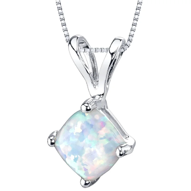 personalized moonstone pendant necklace with name -14K White Gold Created Opal Pendant Necklace Cushion Cut