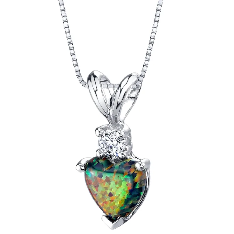 personalized pendant necklace with gemstone for wife -Black Opal and Diamond Pendant Necklace 14K White Gold 0.50 Carat Heart Shape