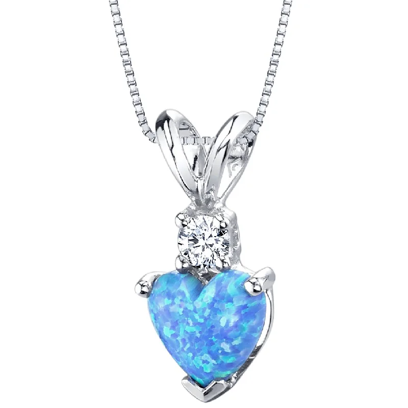 personalized pendant necklace with gemstone for couple -Blue Opal and Diamond Pendant Necklace 14K White Gold 0.50 Carat Heart Shape