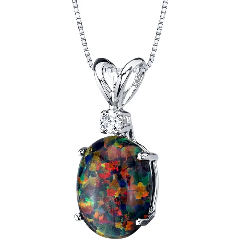 gold pendant necklace with heart charm -Black Opal and Diamond Pendant Necklace 14K White Gold 1 Carat Oval