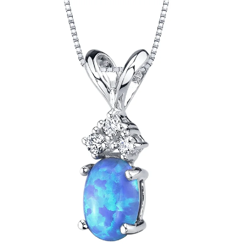 women’s pendant necklace with gemstone heart -Blue Opal and Diamond Pendant Necklace 14K White Gold 0.50 Carat Oval