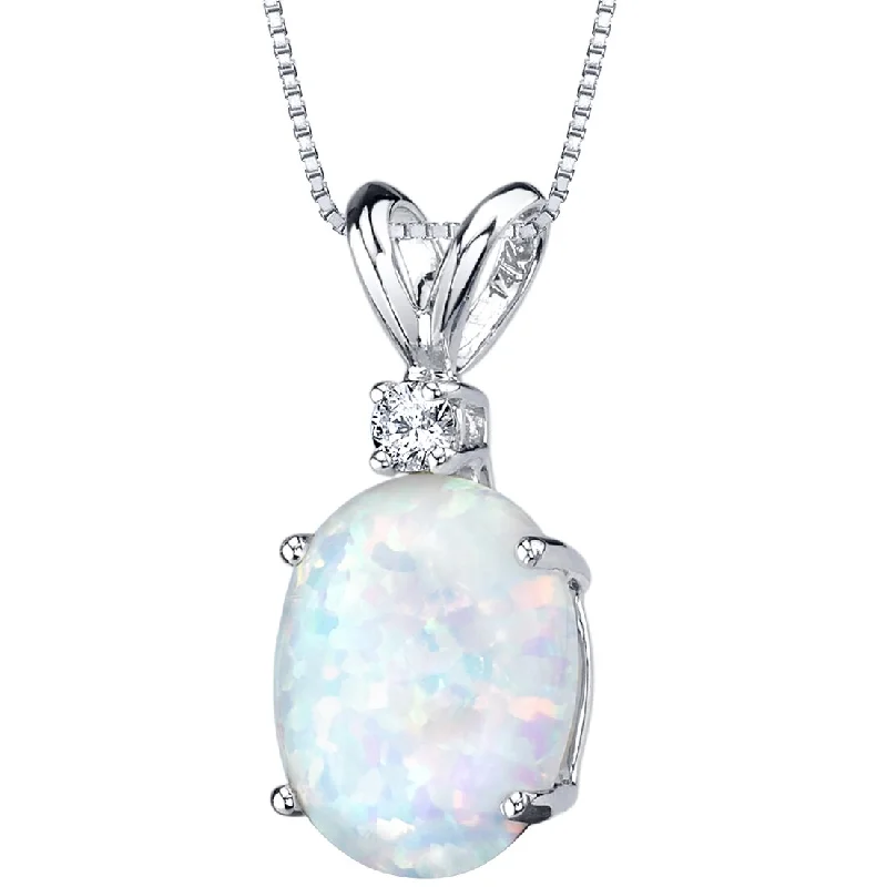 crystal pendant necklace with initial engraving -Opal and Diamond Pendant Necklace 14K White Gold 1 Carat Oval