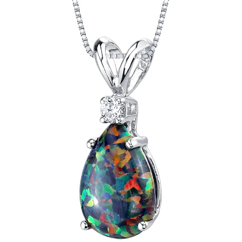 women’s heart-shaped pendant necklace with gemstone -Black Opal and Diamond Pendant Necklace 14K White Gold 1 Carat Pear Shape