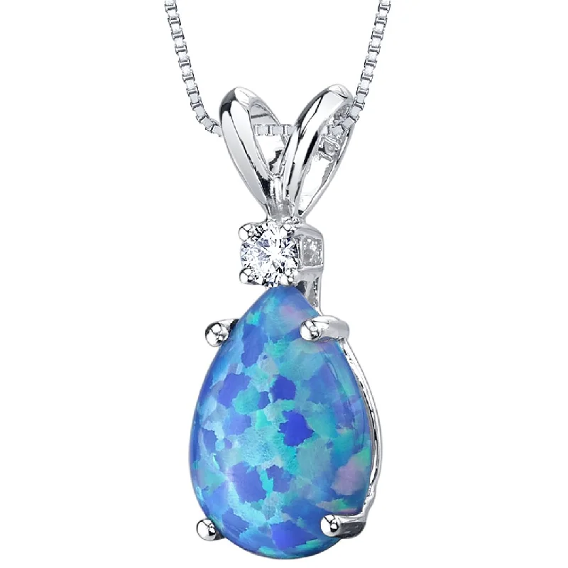 custom pendant necklace with star and moon -Blue Opal and Diamond Pendant Necklace 14K White Gold 1 Carat Pear Shape