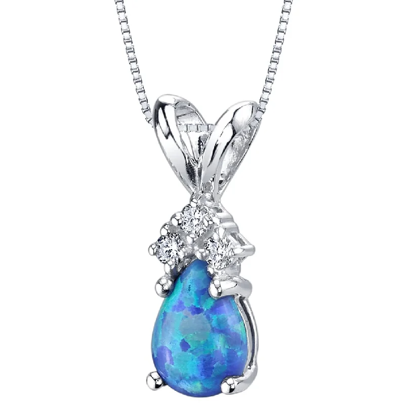 personalized pendant necklace for best friend gift -Blue Opal and Diamond Pendant Necklace 14K White Gold 0.50 Carat Pear Shape