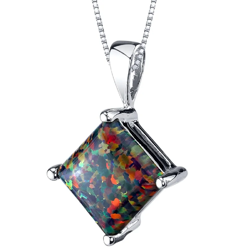 custom engraved crystal pendant necklace for brides -14K White Gold Created Black Opal Pendant Necklace Princess Cut