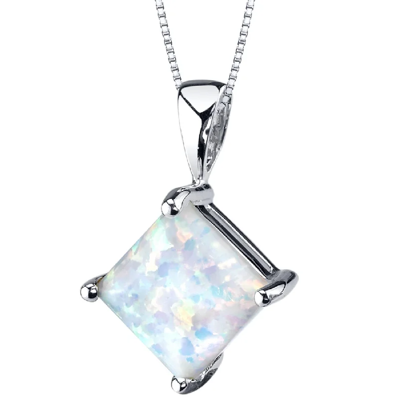 gold pendant necklace with gemstone for wedding -14K White Gold Created Opal Pendant Necklace Princess Cut