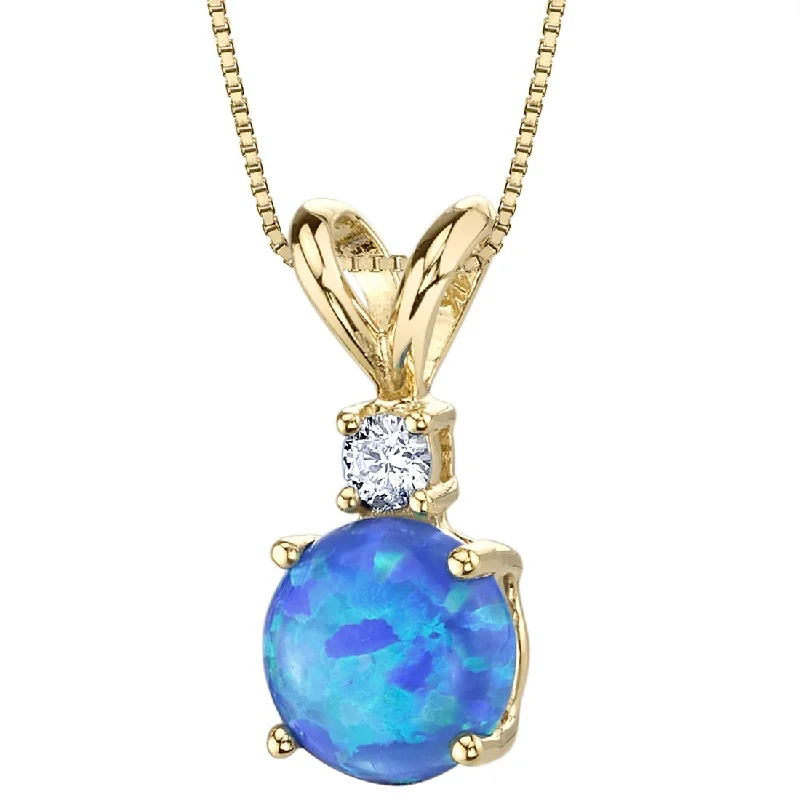 silver pendant necklace with initials and charm -Blue Opal and Diamond Pendant Necklace 14K Yellow Gold 0.50 Carat Round