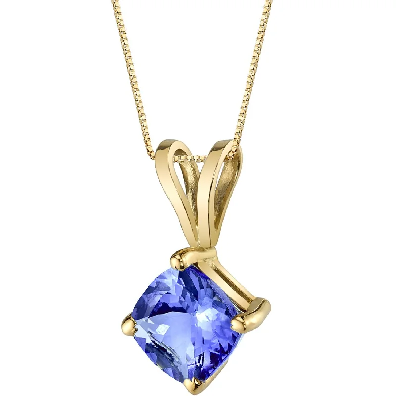 gold pendant necklace with charm for women -Tanzanite Pendant Necklace 14K Yellow Gold Cushion Cut 1 Carat